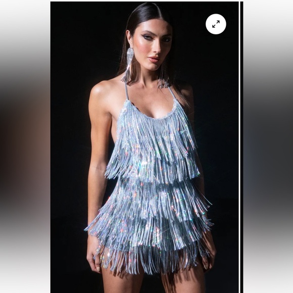 NWT Akira Flapper Fringe Iridescent Metallic Sparkle Open Back Romper - Picture 5 of 11